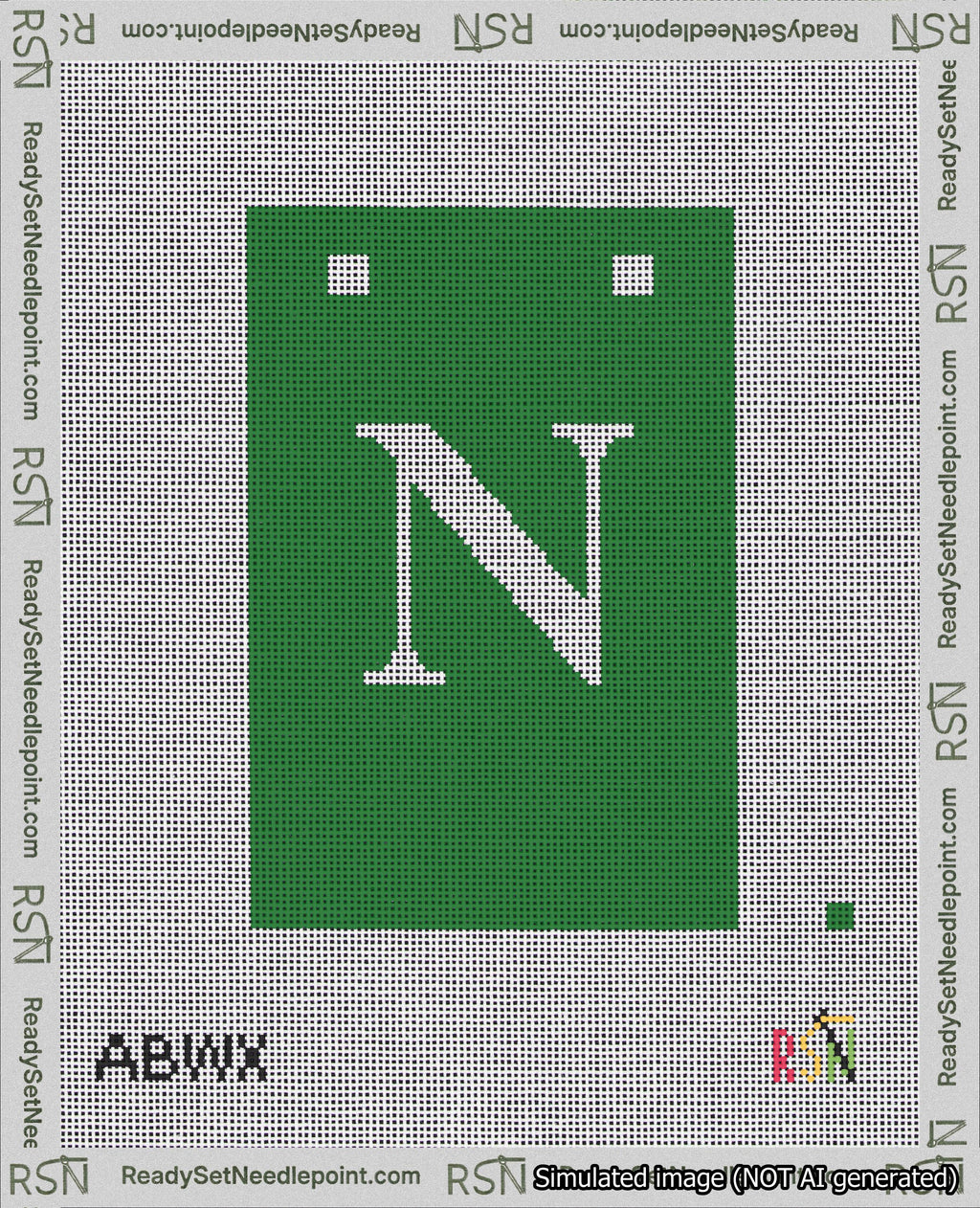 A taped needlepoint canvas with the design: Banner 18 mesh count Squared N White on Green.