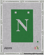 A taped needlepoint canvas with the design: Banner 18 mesh count Squared N White on Green.