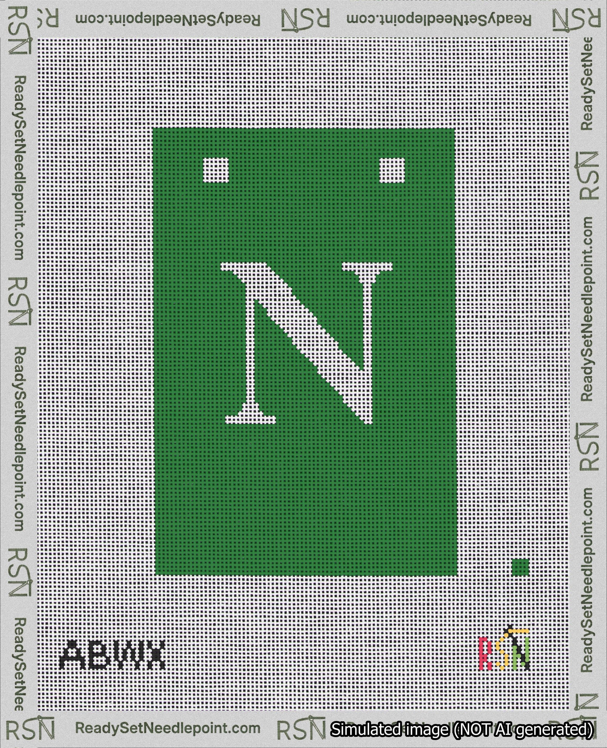 A taped needlepoint canvas with the design: Banner 18 mesh count Squared N White on Green.