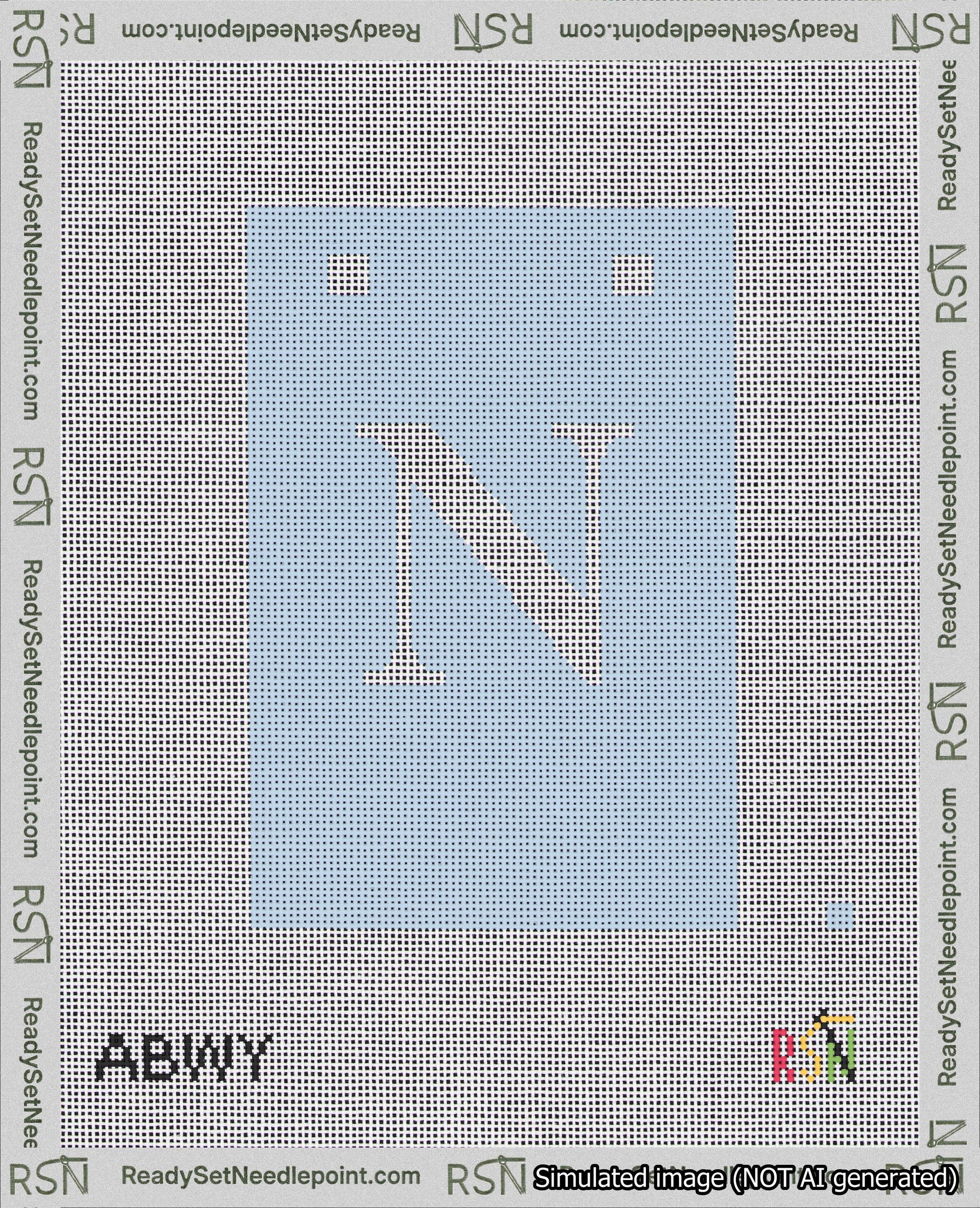 A taped needlepoint canvas with the design: Banner 18 mesh count Squared N White on Light Blue.