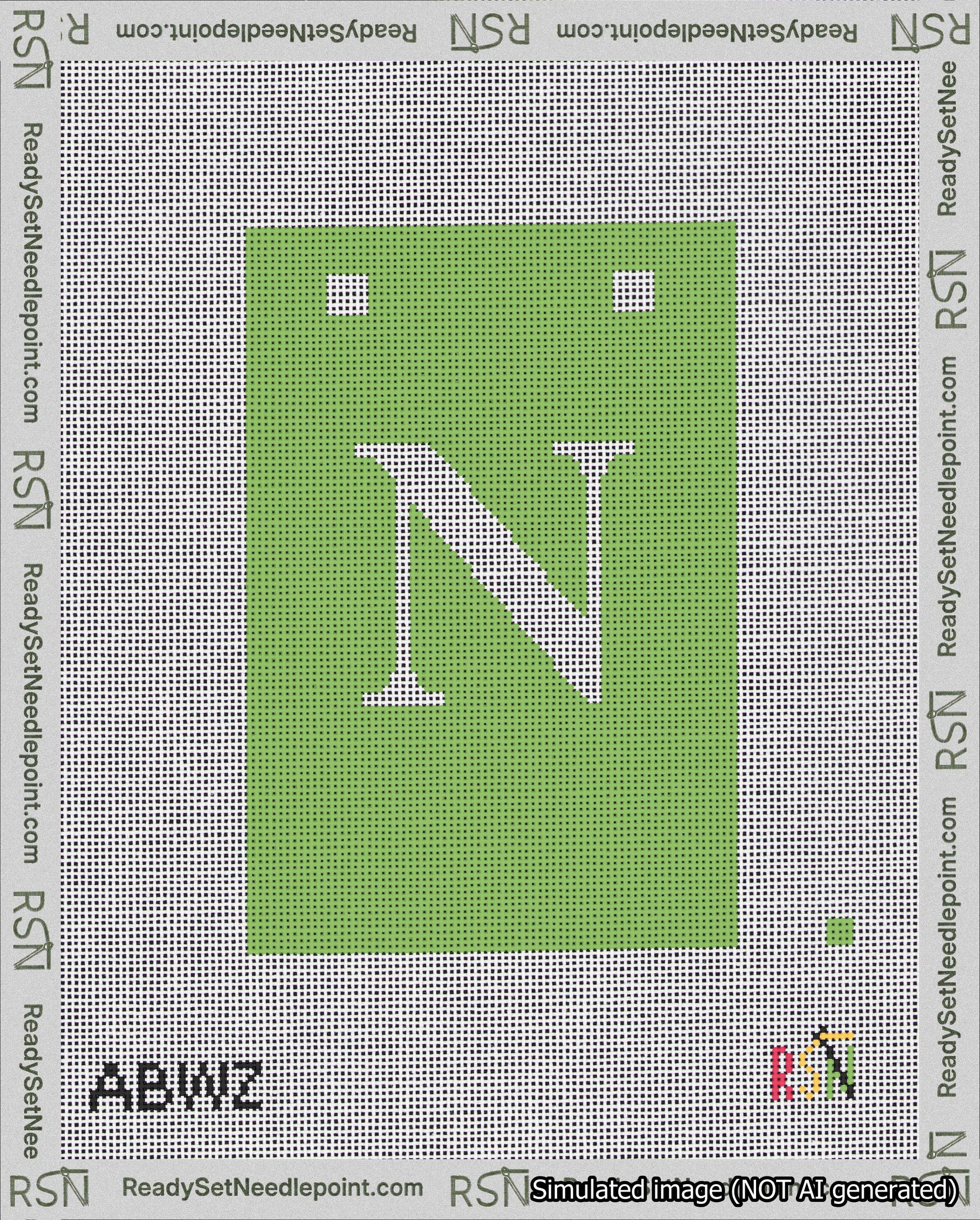 A taped needlepoint canvas with the design: Banner 18 mesh count Squared N White on Light Green.