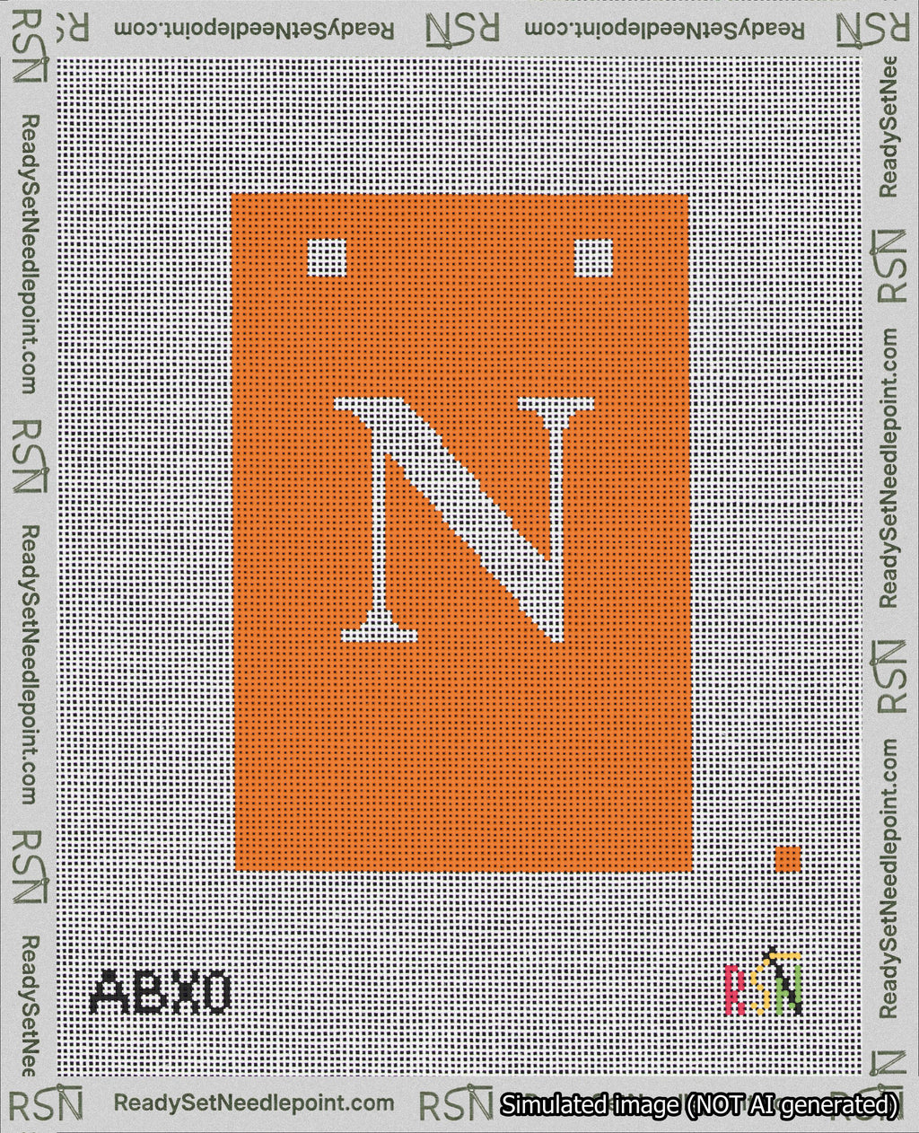 A taped needlepoint canvas with the design: Banner 18 mesh count Squared N White on Orange.