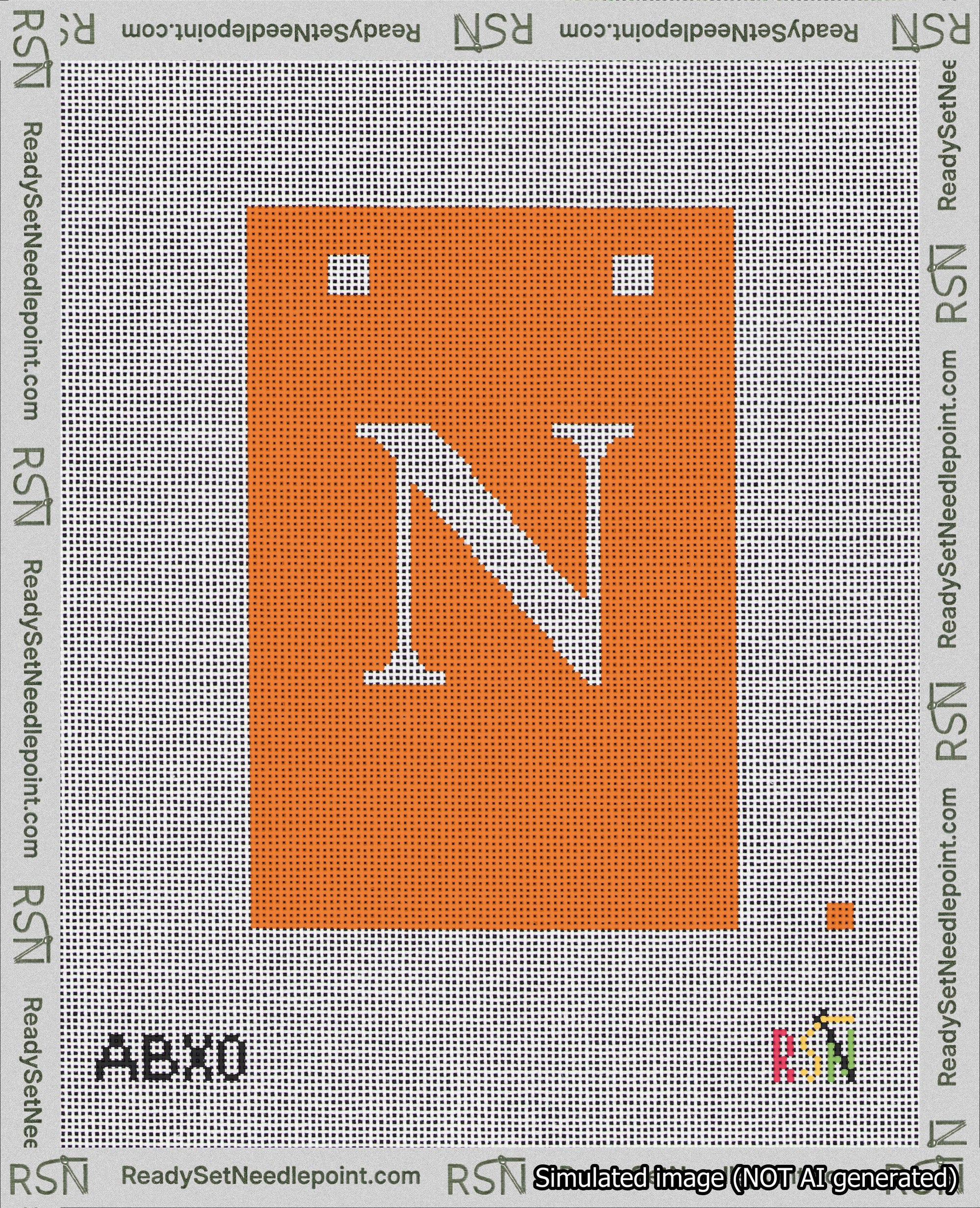 A taped needlepoint canvas with the design: Banner 18 mesh count Squared N White on Orange.