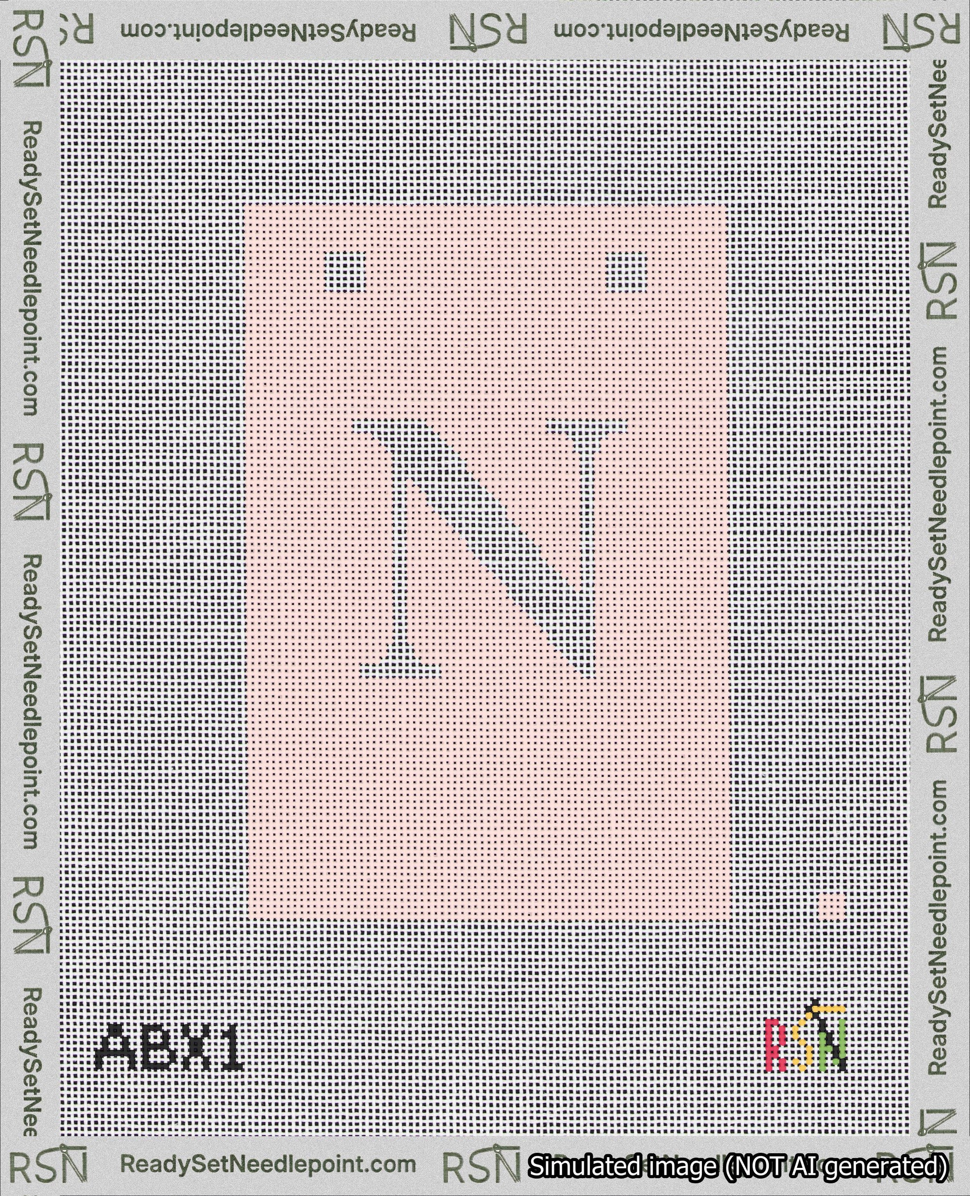 A taped needlepoint canvas with the design: Banner 18 mesh count Squared N White on Pink.