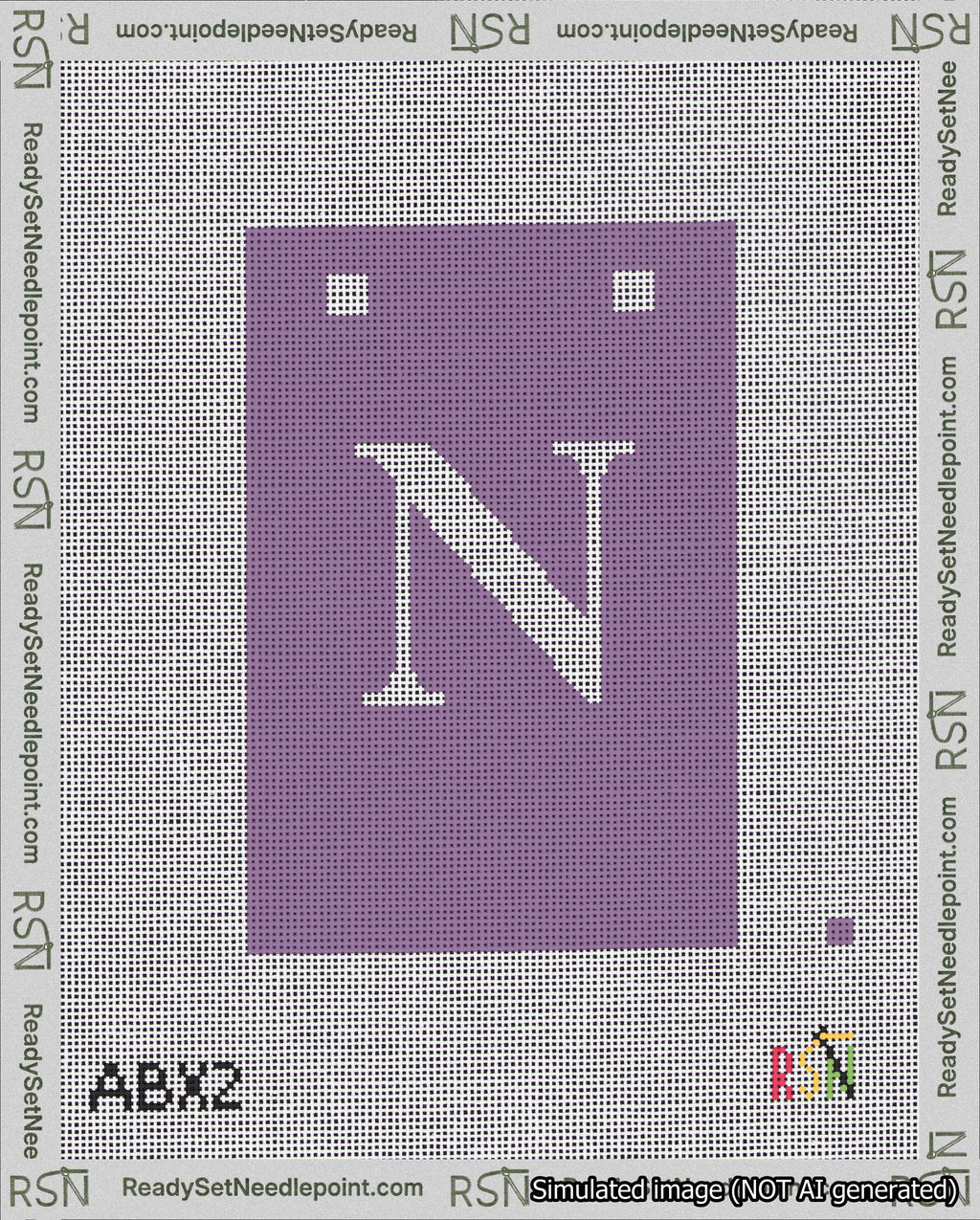 A taped needlepoint canvas with the design: Banner 18 mesh count Squared N White on Purple.