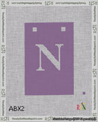 A taped needlepoint canvas with the design: Banner 18 mesh count Squared N White on Purple.