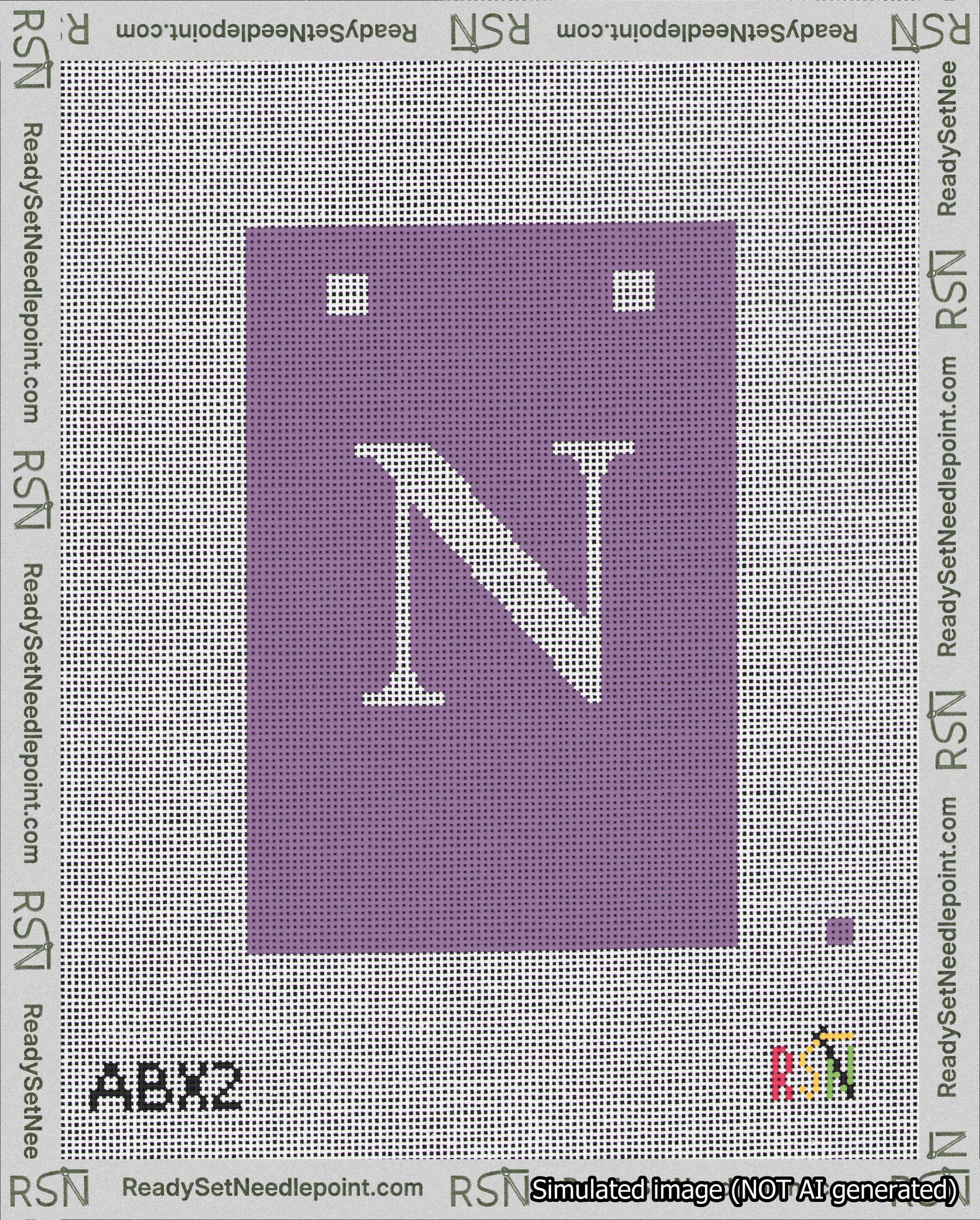 A taped needlepoint canvas with the design: Banner 18 mesh count Squared N White on Purple.