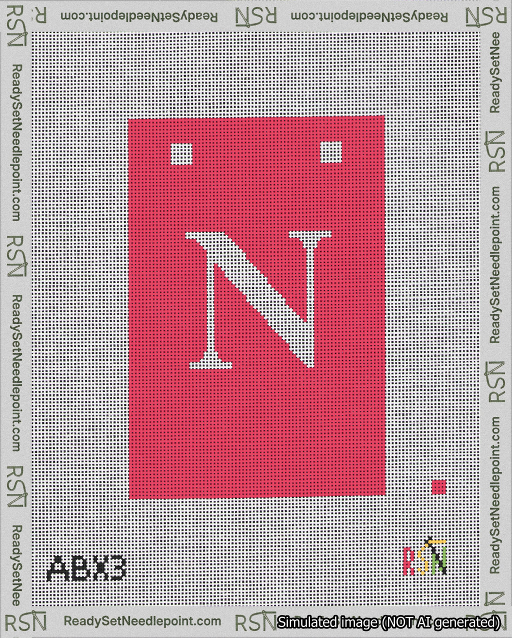 A taped needlepoint canvas with the design: Banner 18 mesh count Squared N White on Red.