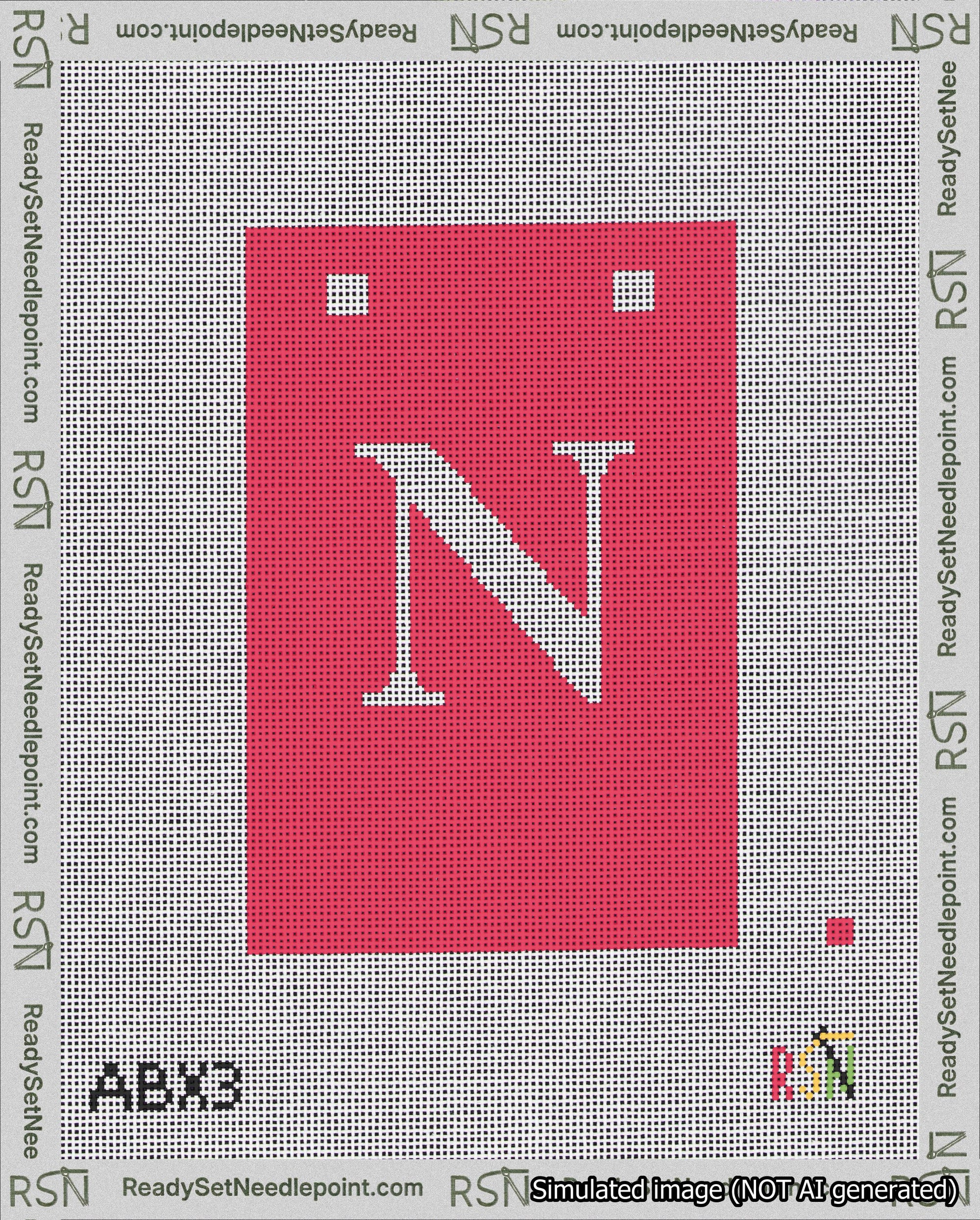 A taped needlepoint canvas with the design: Banner 18 mesh count Squared N White on Red.