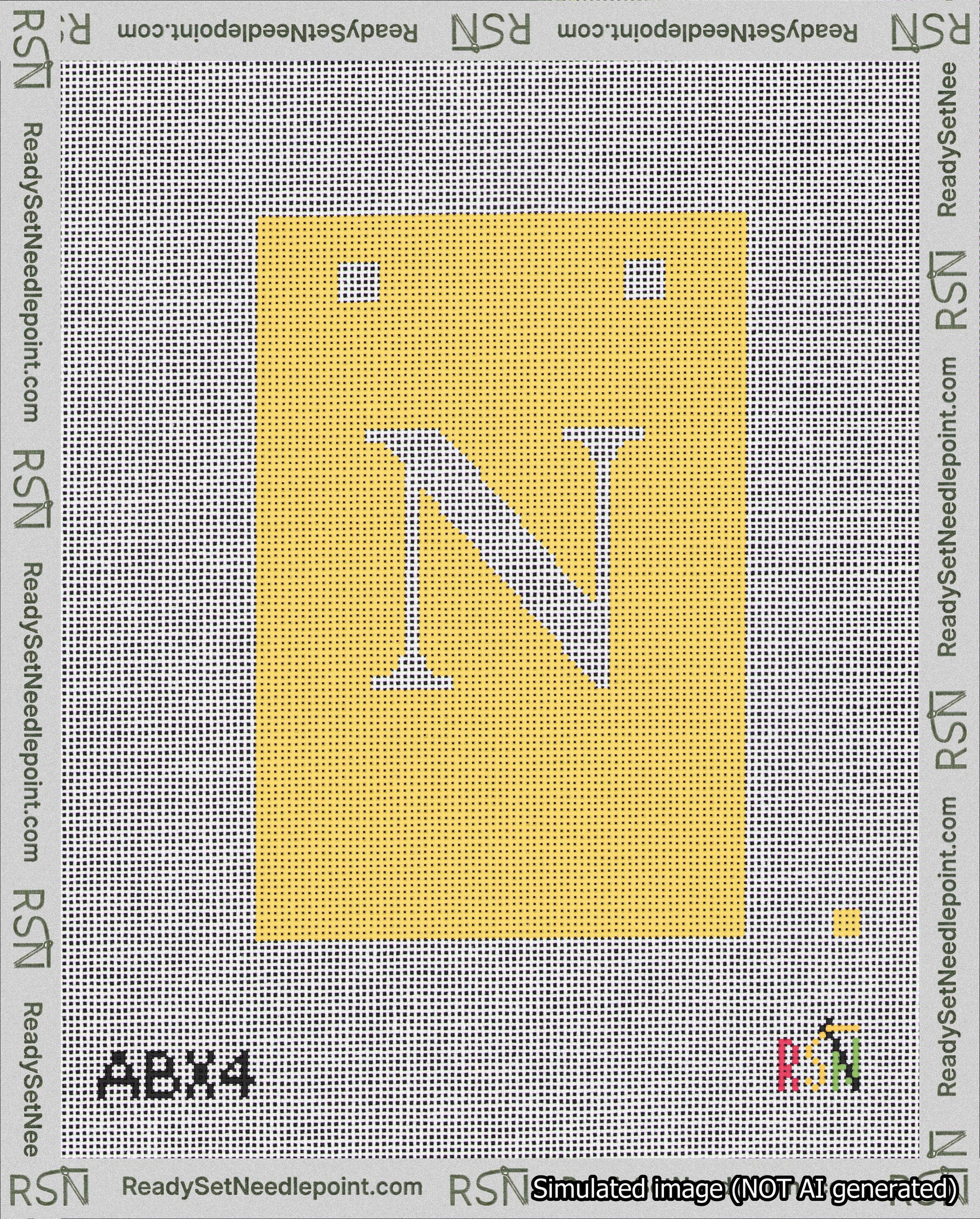 A taped needlepoint canvas with the design: Banner 18 mesh count Squared N White on Yellow.
