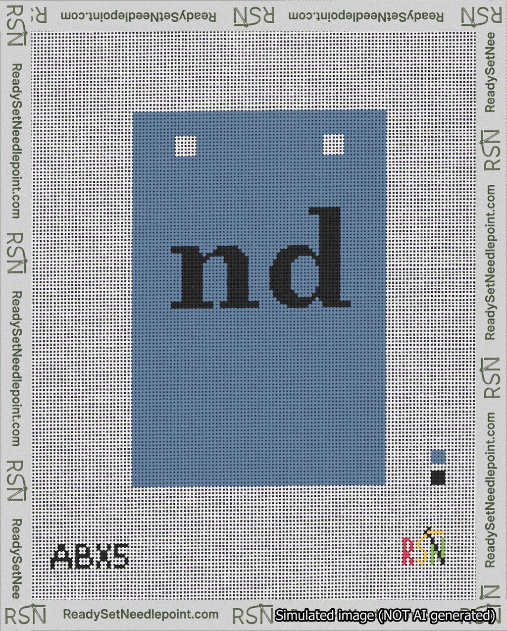 A taped needlepoint canvas with the design: Banner 18 mesh count Squared nd Black on Blue.