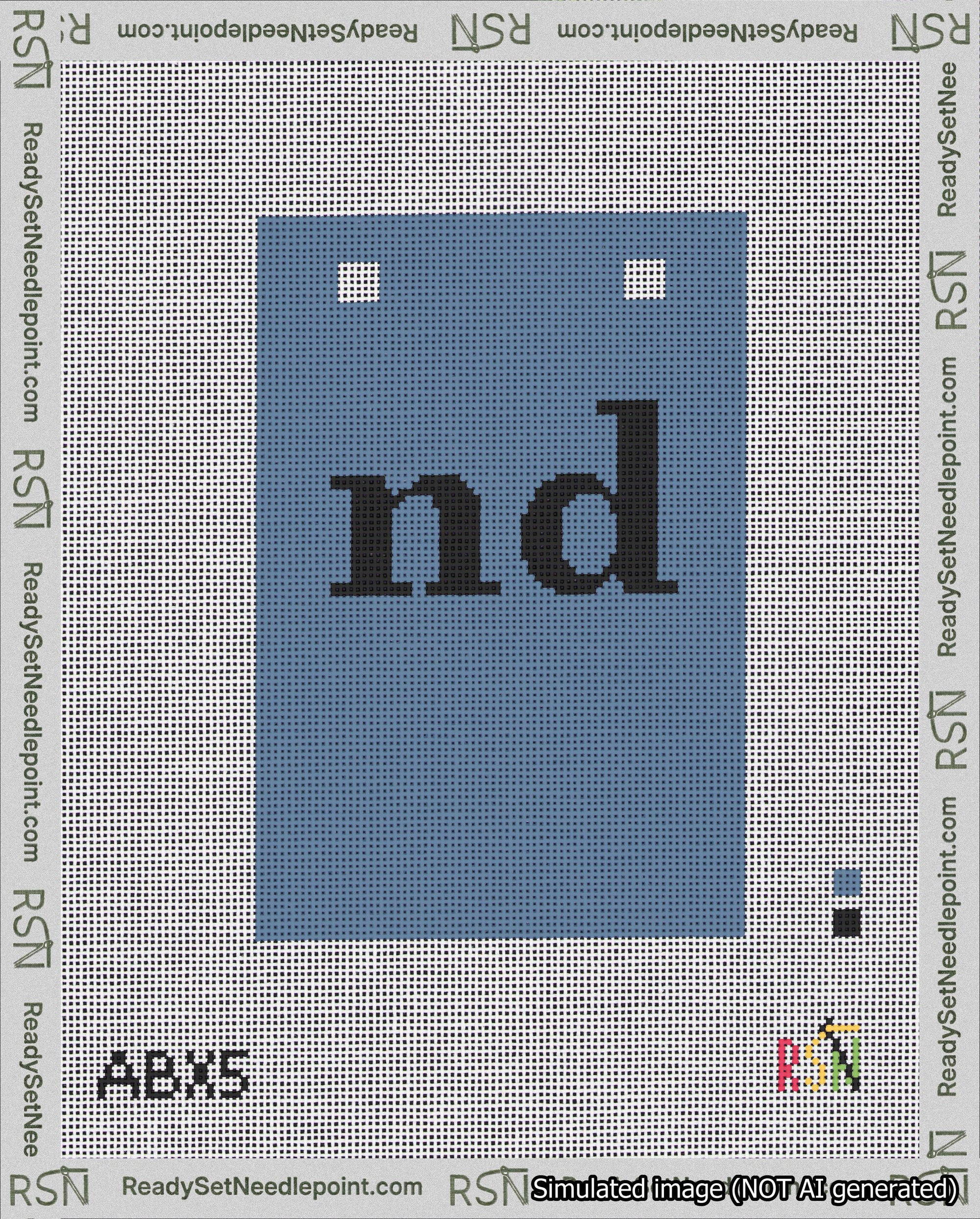 A taped needlepoint canvas with the design: Banner 18 mesh count Squared nd Black on Blue.