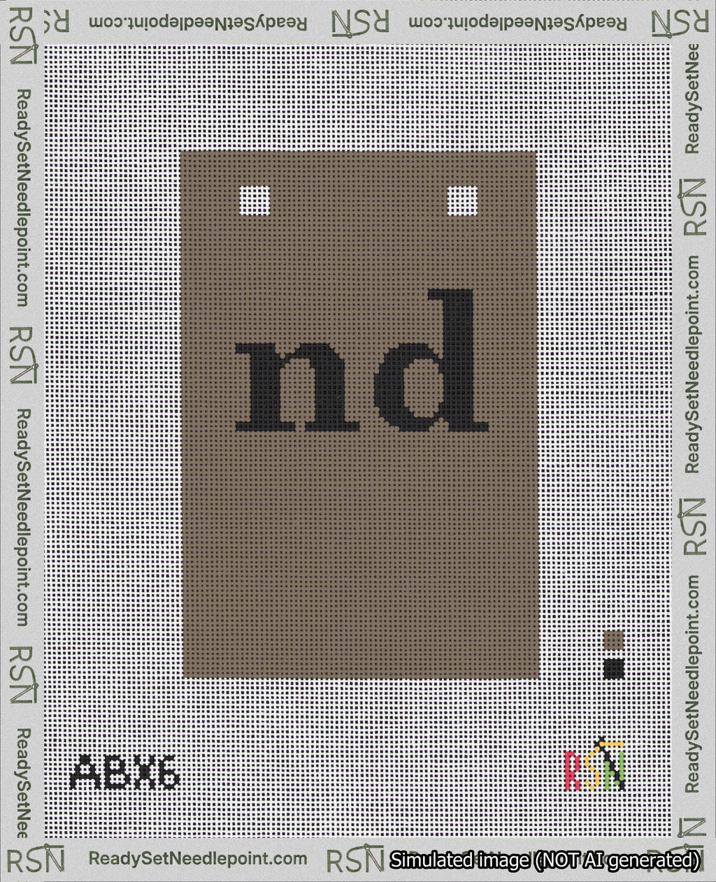 A taped needlepoint canvas with the design: Banner 18 mesh count Squared nd Black on Brown.