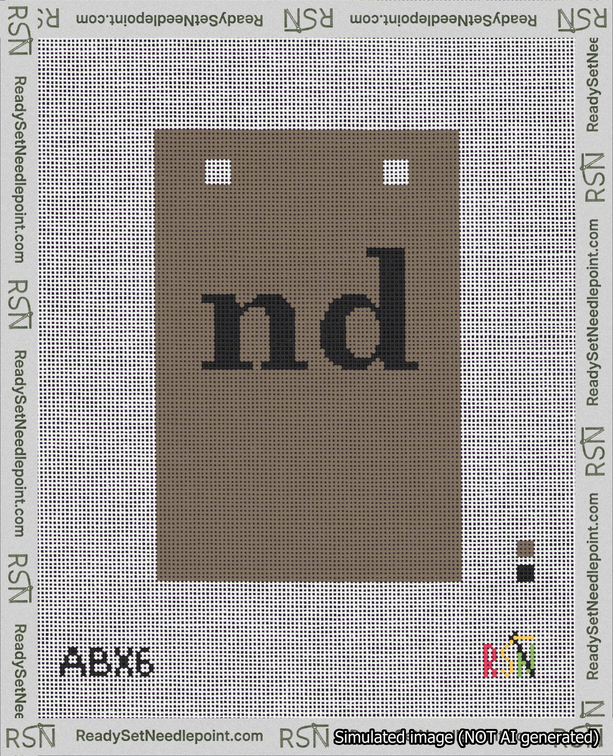 A taped needlepoint canvas with the design: Banner 18 mesh count Squared nd Black on Brown.