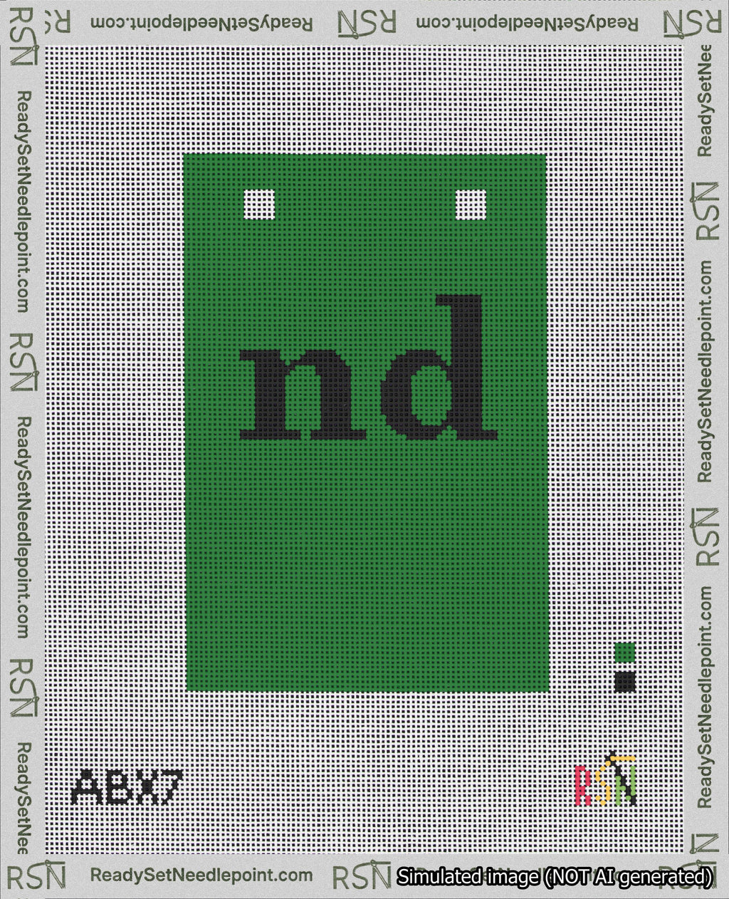 A taped needlepoint canvas with the design: Banner 18 mesh count Squared nd Black on Green.