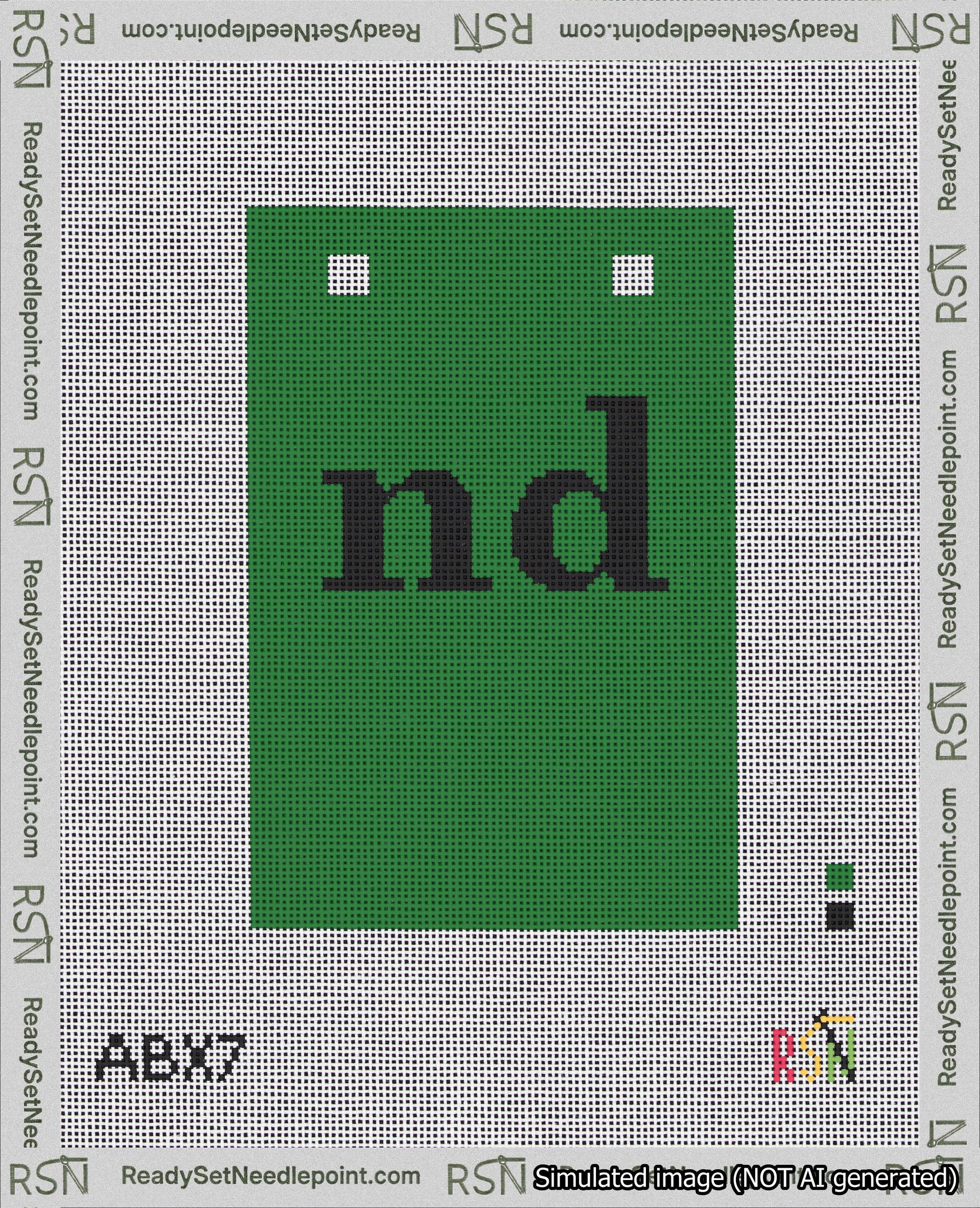 A taped needlepoint canvas with the design: Banner 18 mesh count Squared nd Black on Green.