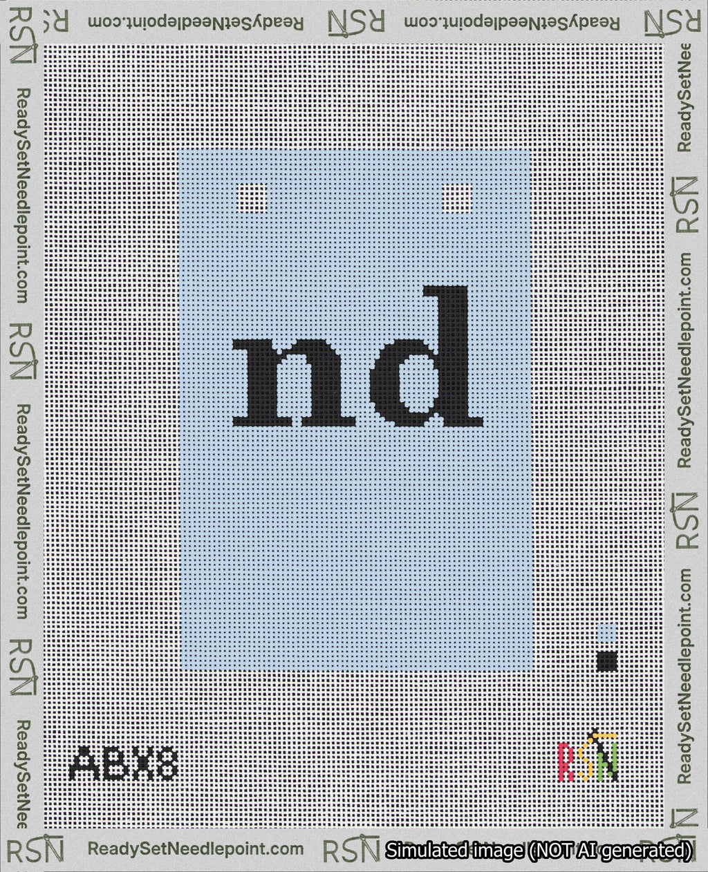 A taped needlepoint canvas with the design: Banner 18 mesh count Squared nd Black on Light Blue.