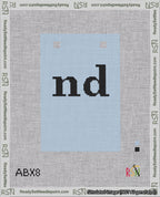 A taped needlepoint canvas with the design: Banner 18 mesh count Squared nd Black on Light Blue.