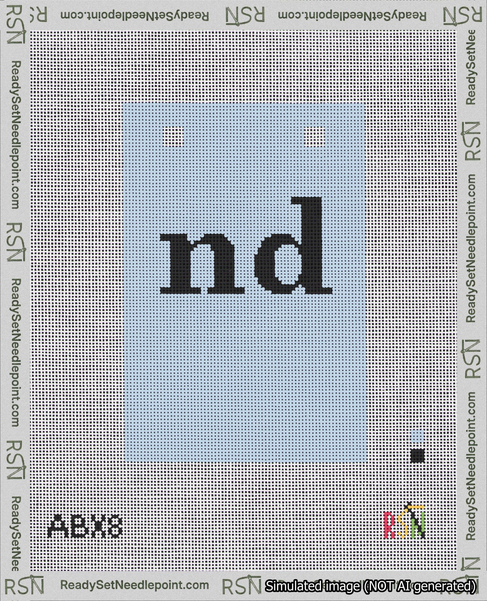 A taped needlepoint canvas with the design: Banner 18 mesh count Squared nd Black on Light Blue.