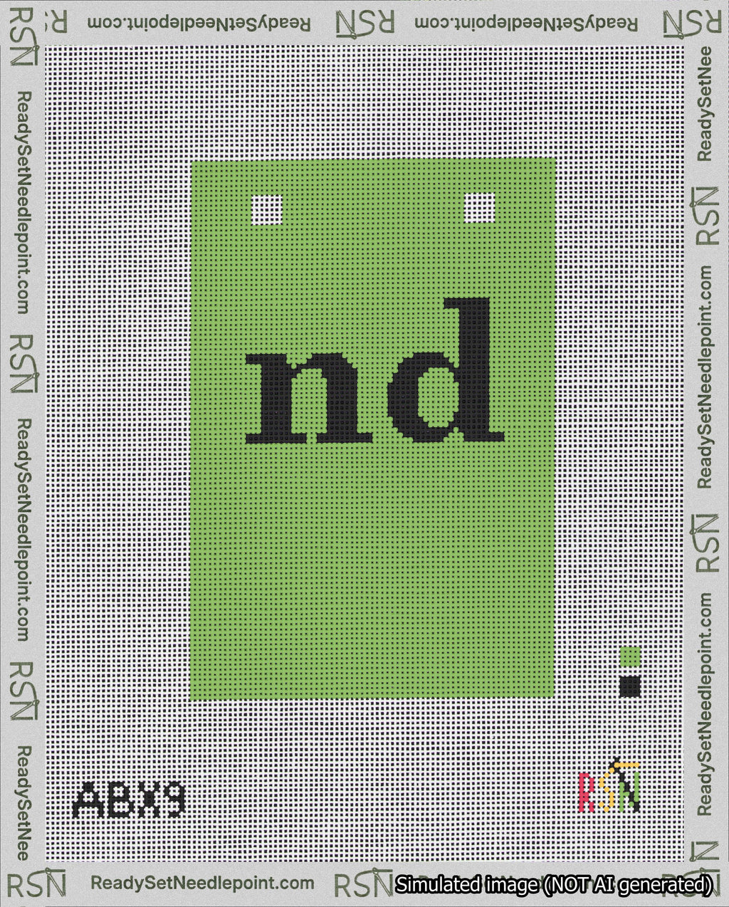A taped needlepoint canvas with the design: Banner 18 mesh count Squared nd Black on Light Green.