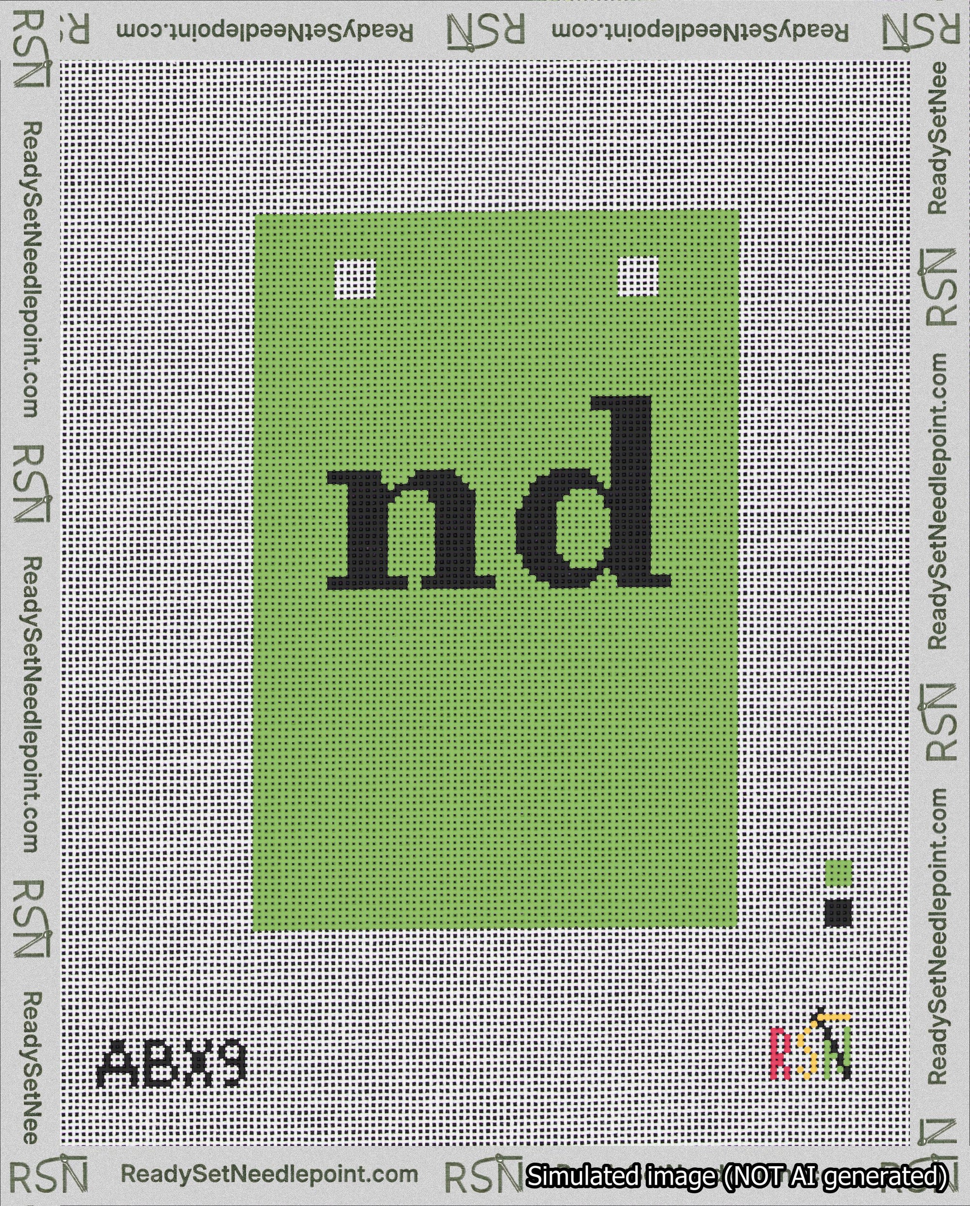 A taped needlepoint canvas with the design: Banner 18 mesh count Squared nd Black on Light Green.