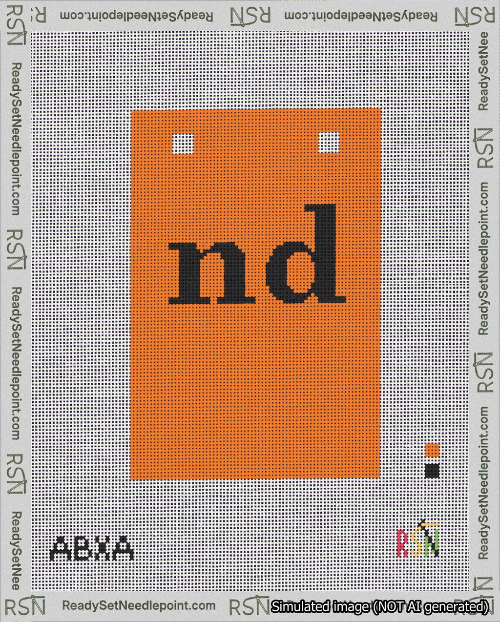 A taped needlepoint canvas with the design: Banner 18 mesh count Squared nd Black on Orange.