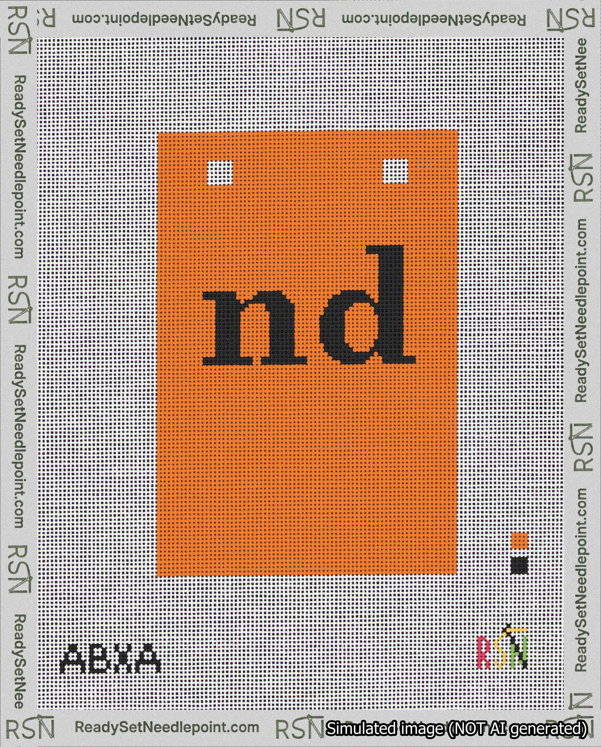 A taped needlepoint canvas with the design: Banner 18 mesh count Squared nd Black on Orange.