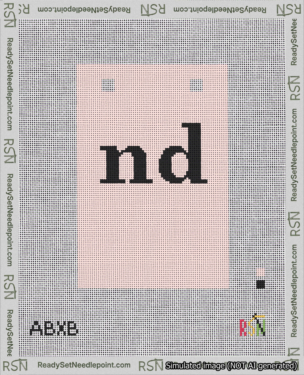A taped needlepoint canvas with the design: Banner 18 mesh count Squared nd Black on Pink.