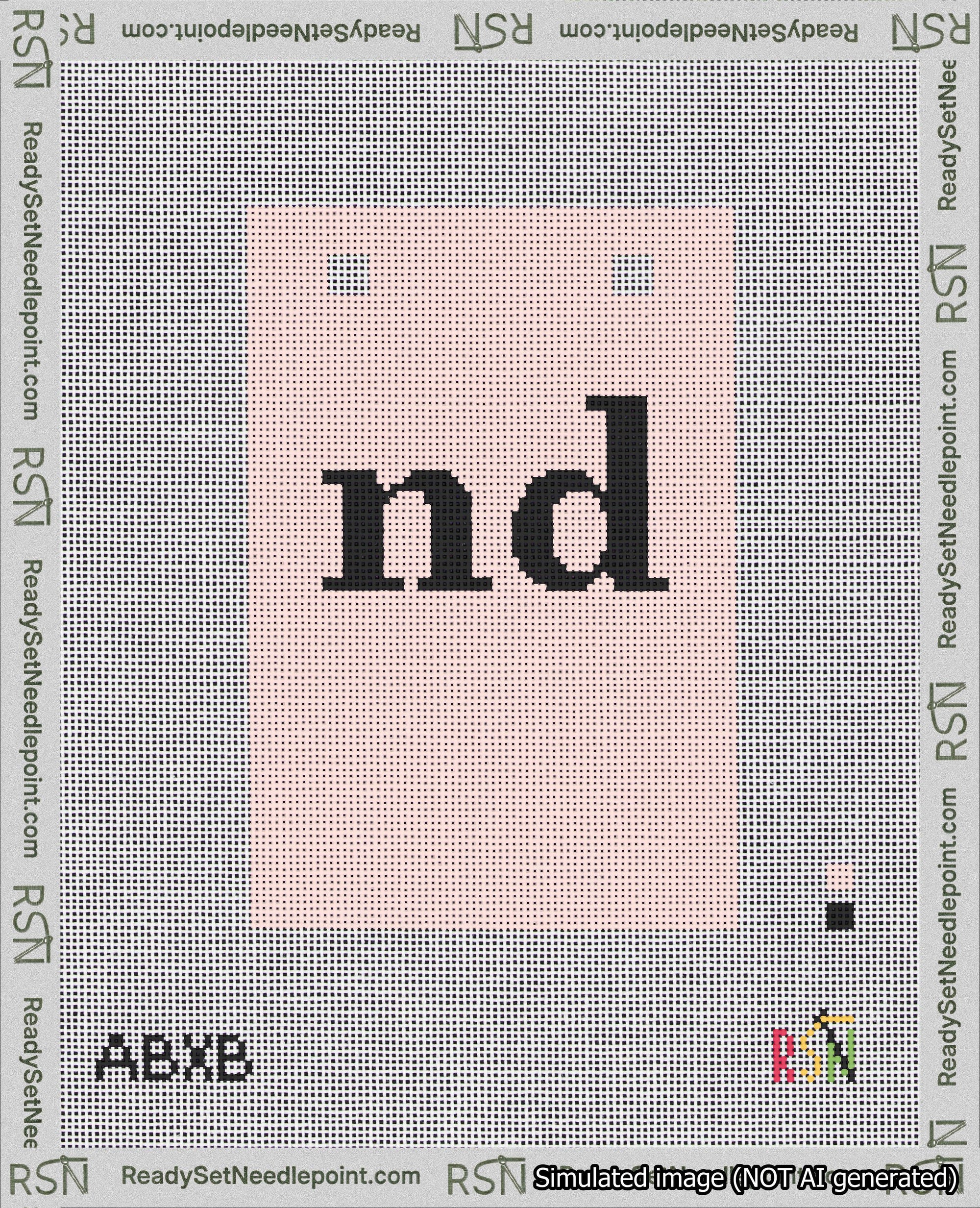 A taped needlepoint canvas with the design: Banner 18 mesh count Squared nd Black on Pink.