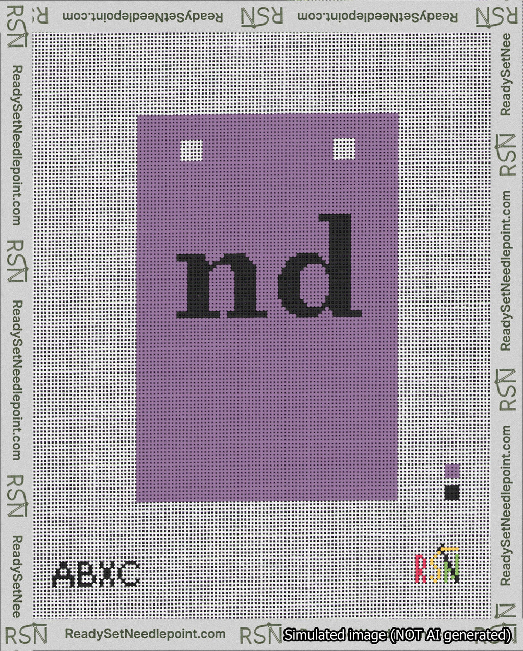 A taped needlepoint canvas with the design: Banner 18 mesh count Squared nd Black on Purple.