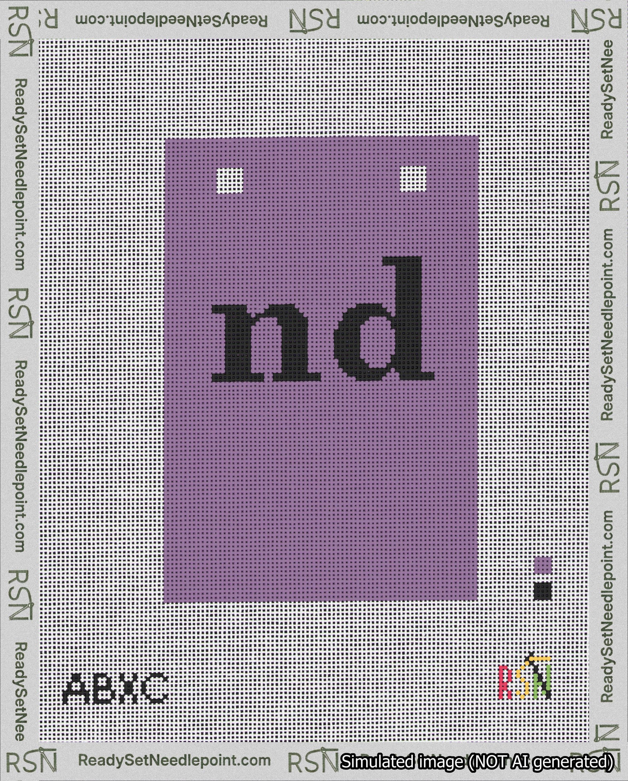 A taped needlepoint canvas with the design: Banner 18 mesh count Squared nd Black on Purple.