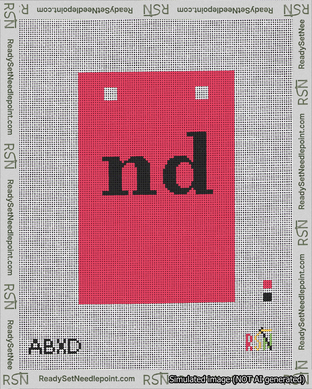 A taped needlepoint canvas with the design: Banner 18 mesh count Squared nd Black on Red.