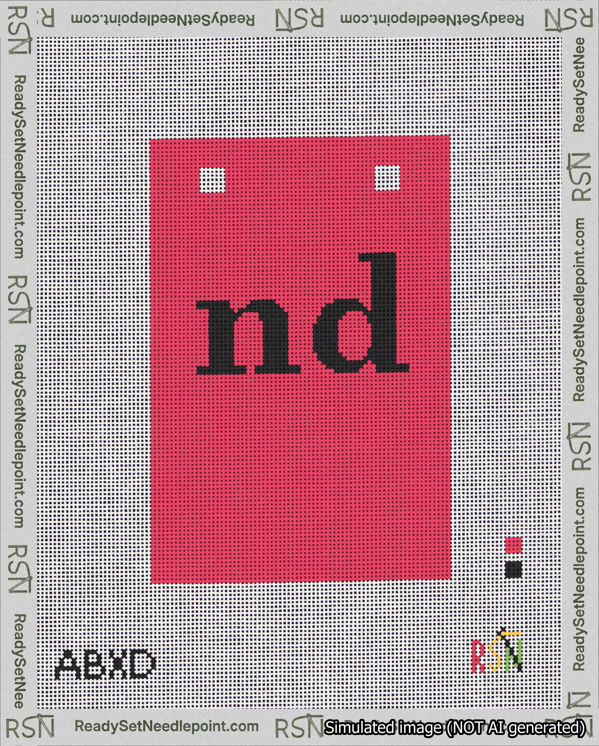 A taped needlepoint canvas with the design: Banner 18 mesh count Squared nd Black on Red.