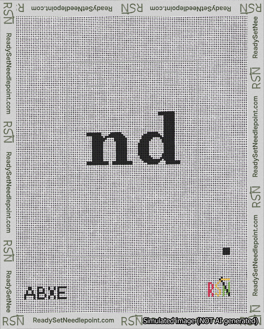 A taped needlepoint canvas with the design: Banner 18 mesh count Squared nd Black on White.