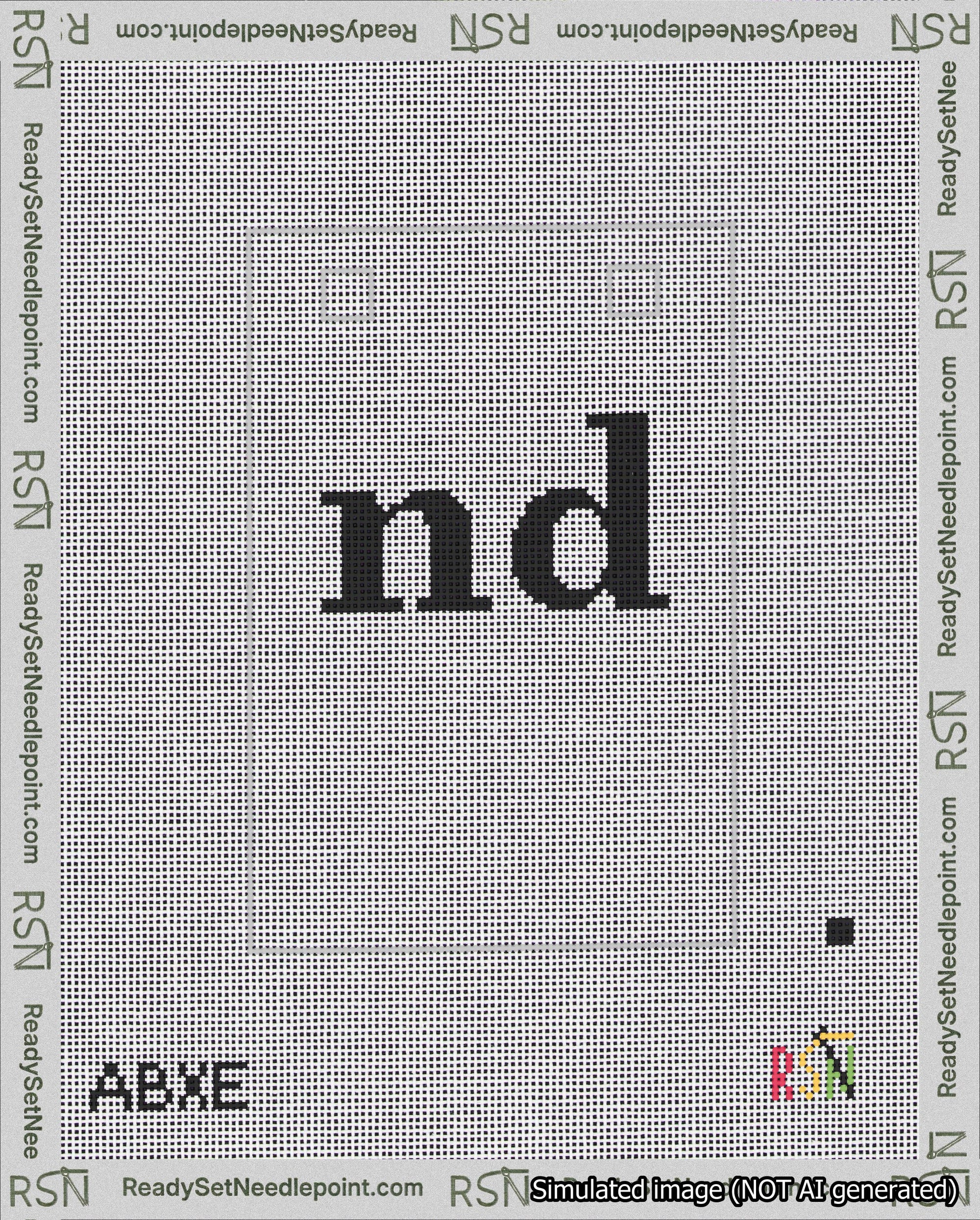 A taped needlepoint canvas with the design: Banner 18 mesh count Squared nd Black on White.