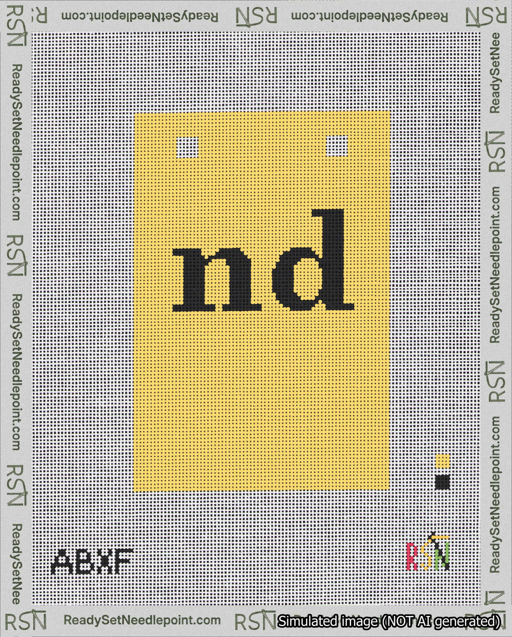 A taped needlepoint canvas with the design: Banner 18 mesh count Squared nd Black on Yellow.