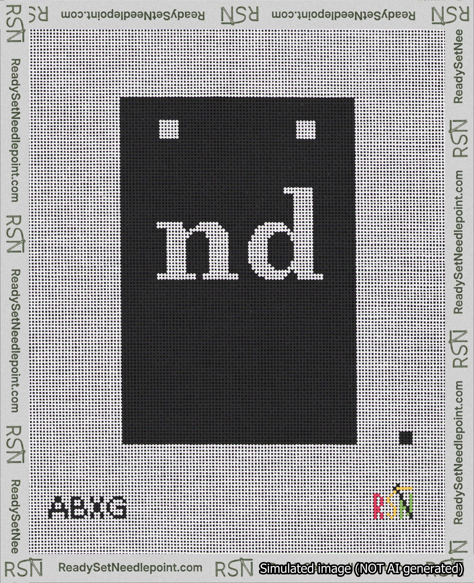 A taped needlepoint canvas with the design: Banner 18 mesh count Squared nd White on Black.