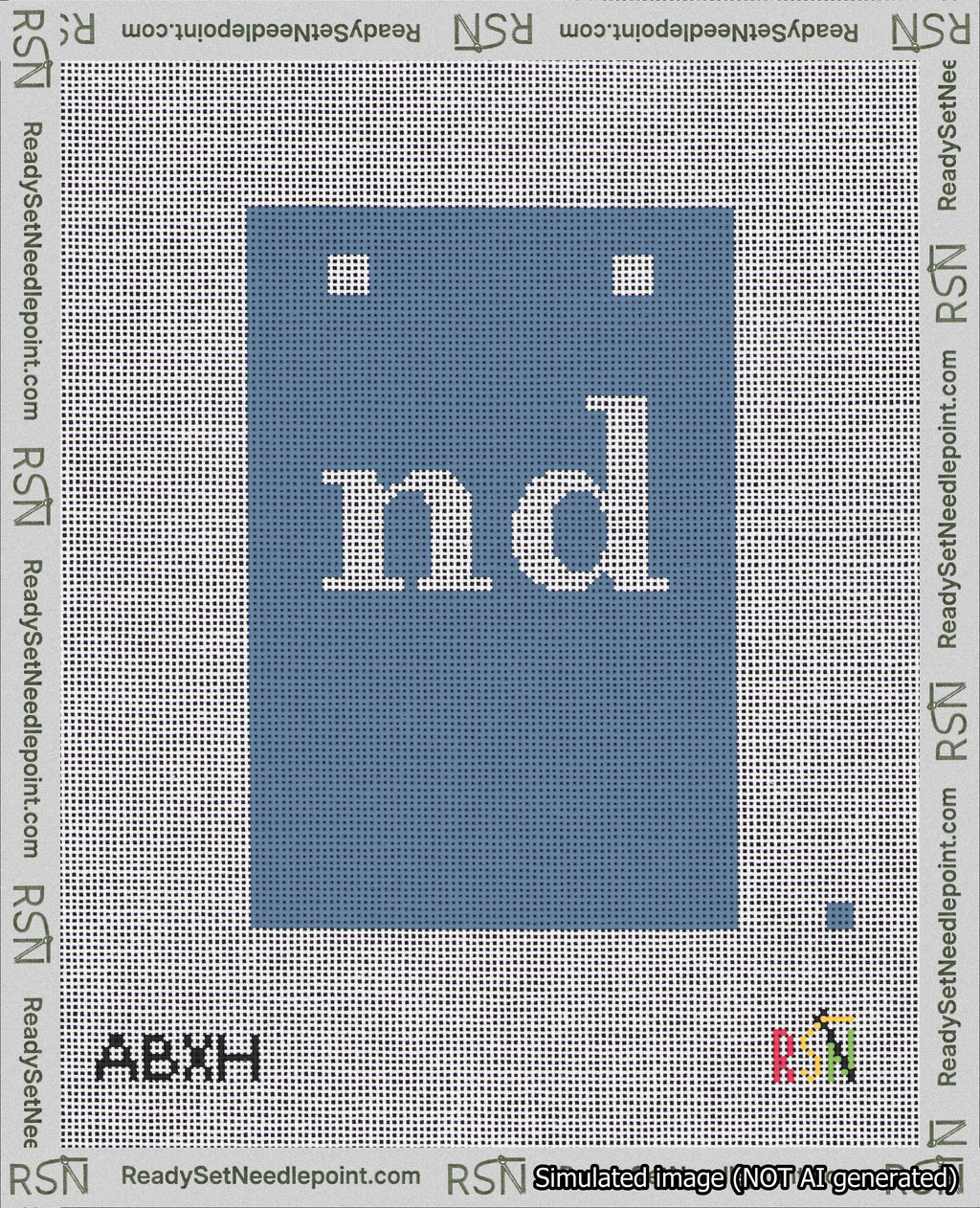 A taped needlepoint canvas with the design: Banner 18 mesh count Squared nd White on Blue.