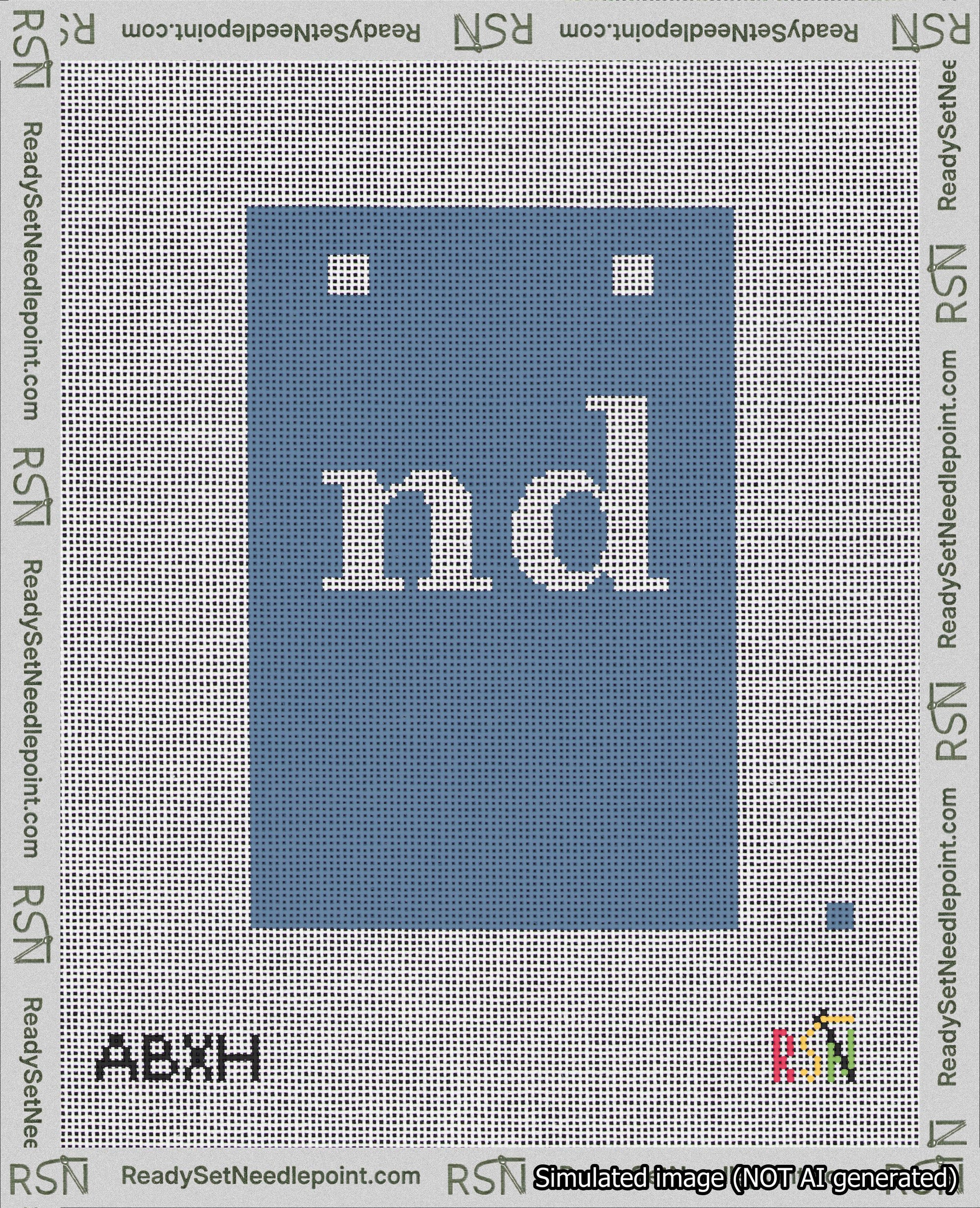 A taped needlepoint canvas with the design: Banner 18 mesh count Squared nd White on Blue.