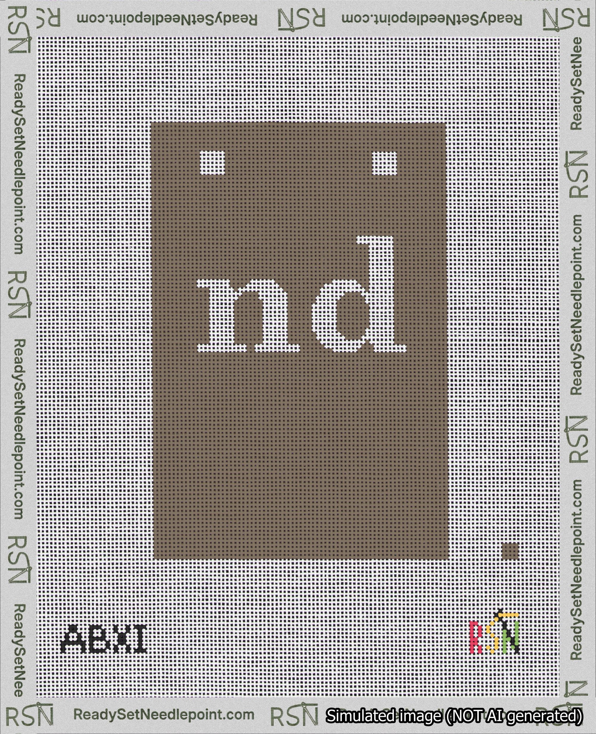 A taped needlepoint canvas with the design: Banner 18 mesh count Squared nd White on Brown.