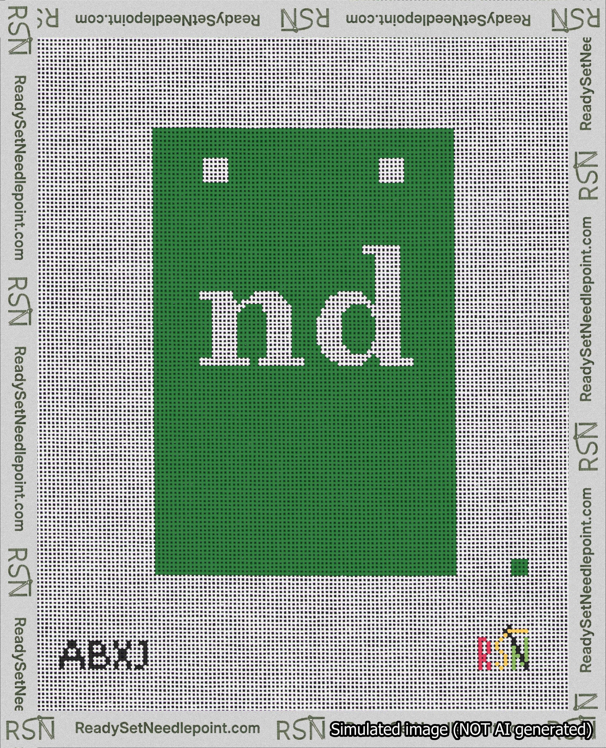A taped needlepoint canvas with the design: Banner 18 mesh count Squared nd White on Green.