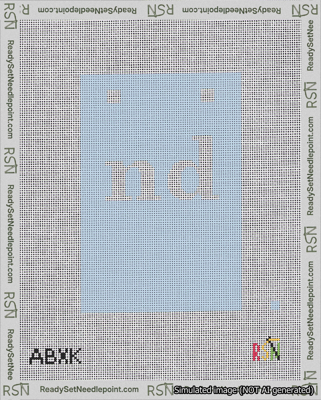 A taped needlepoint canvas with the design: Banner 18 mesh count Squared nd White on Light Blue.