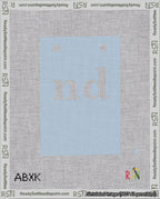 A taped needlepoint canvas with the design: Banner 18 mesh count Squared nd White on Light Blue.