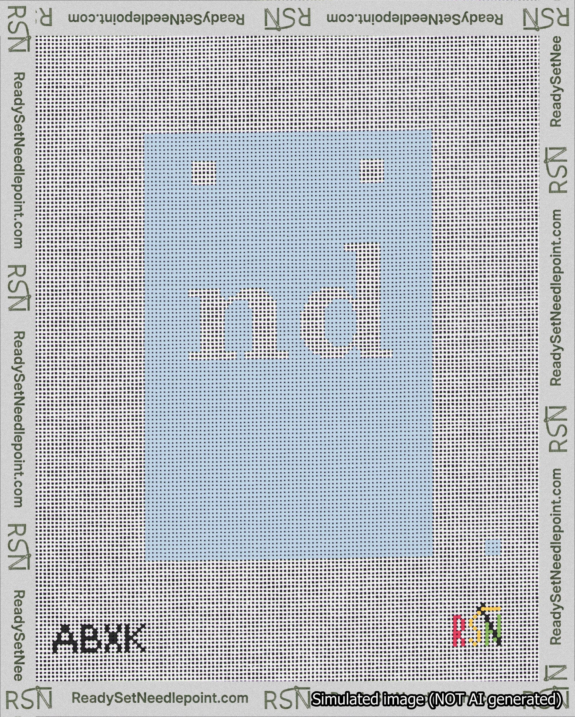 A taped needlepoint canvas with the design: Banner 18 mesh count Squared nd White on Light Blue.