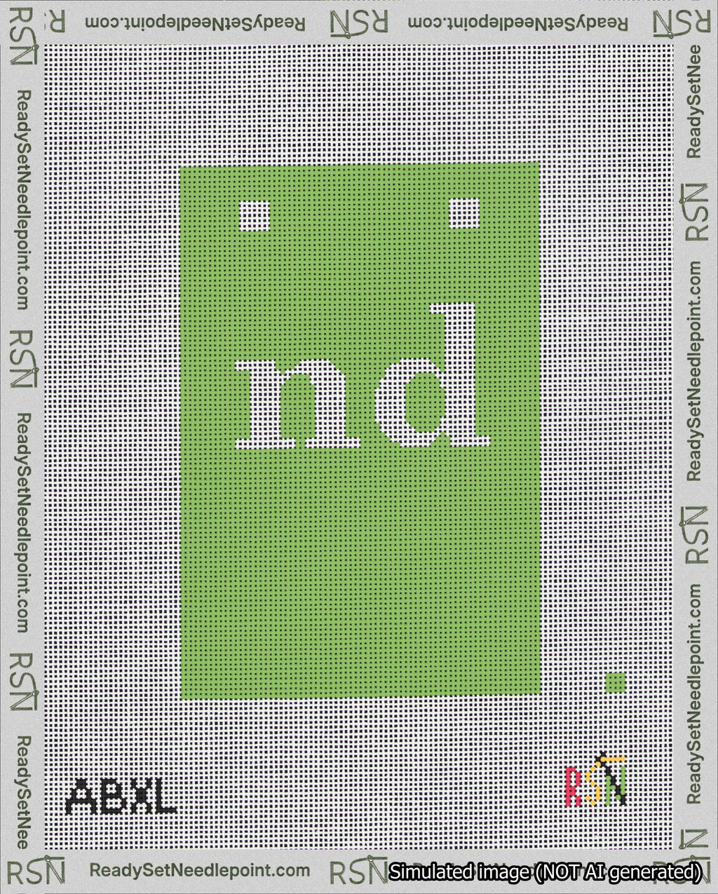 A taped needlepoint canvas with the design: Banner 18 mesh count Squared nd White on Light Green.