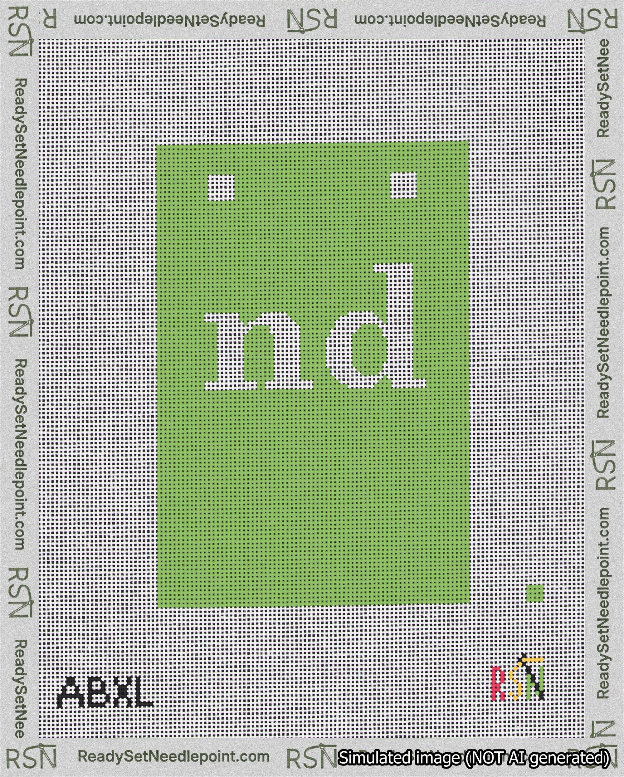 A taped needlepoint canvas with the design: Banner 18 mesh count Squared nd White on Light Green.