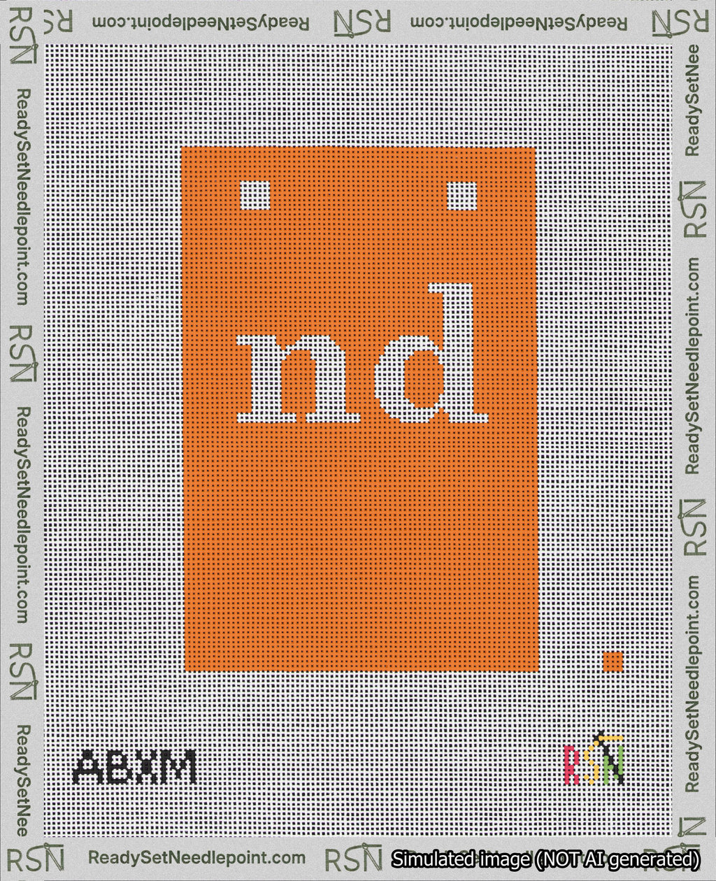 A taped needlepoint canvas with the design: Banner 18 mesh count Squared nd White on Orange.