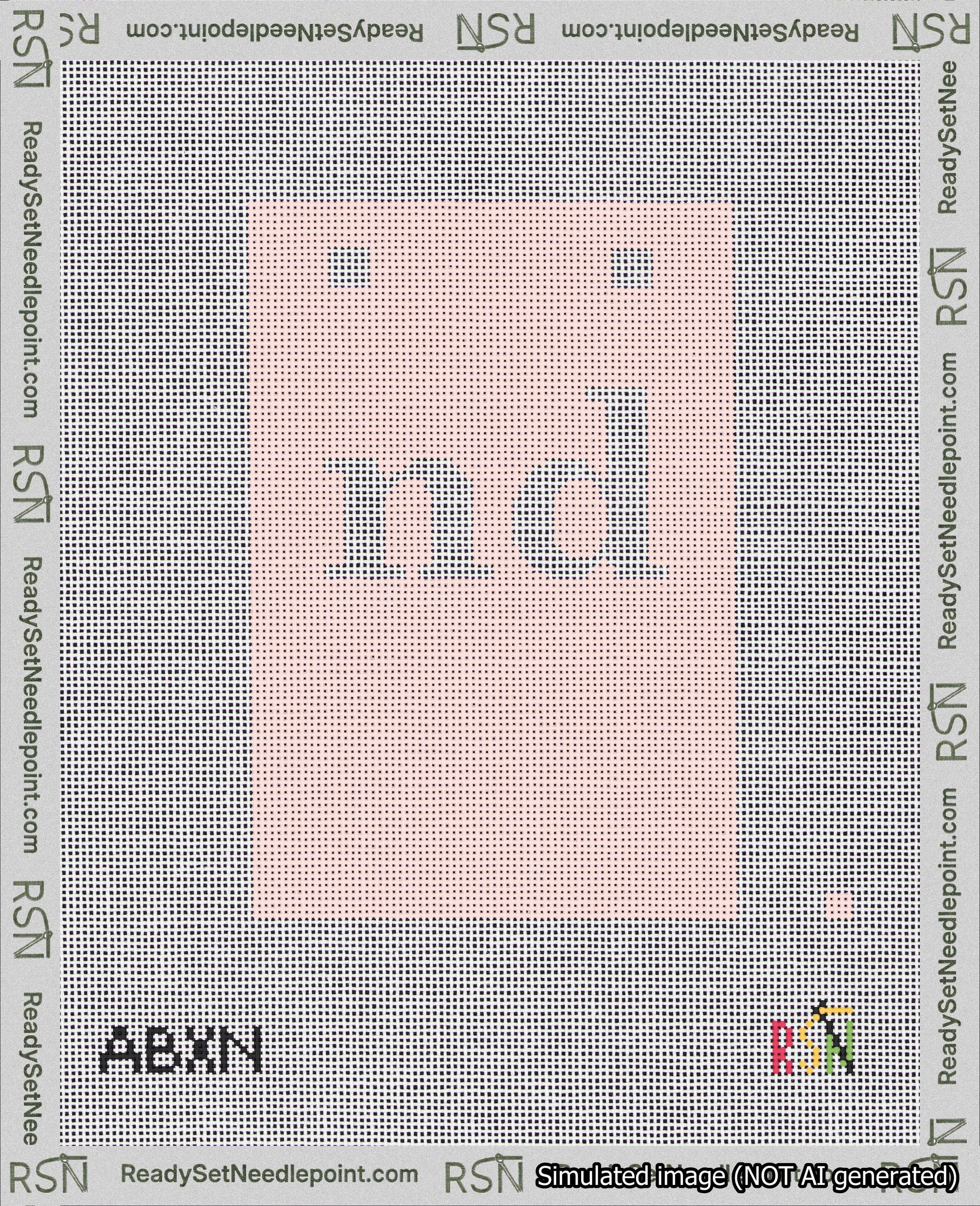 A taped needlepoint canvas with the design: Banner 18 mesh count Squared nd White on Pink.
