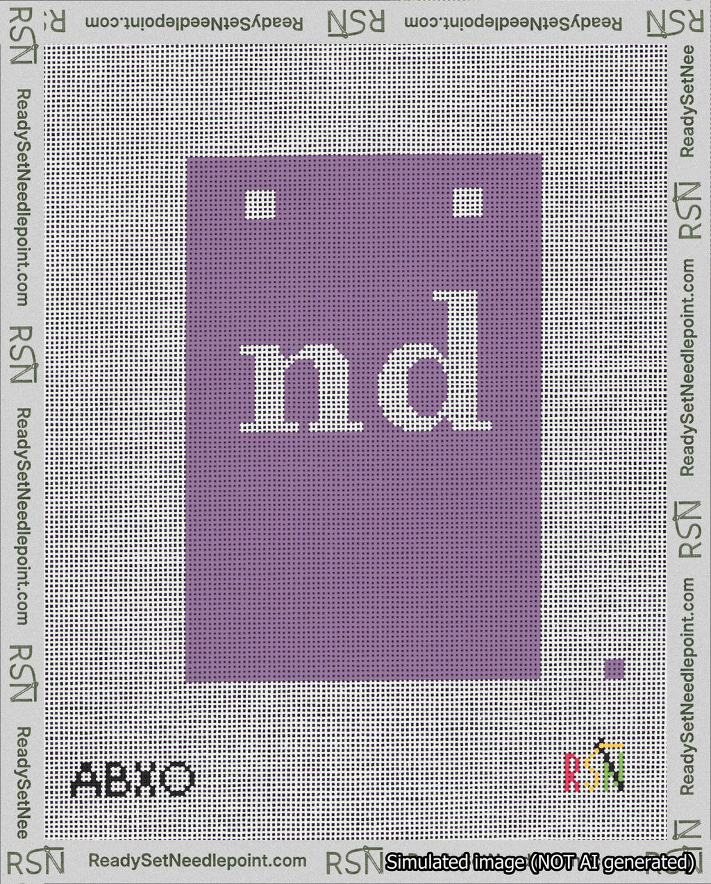 A taped needlepoint canvas with the design: Banner 18 mesh count Squared nd White on Purple.