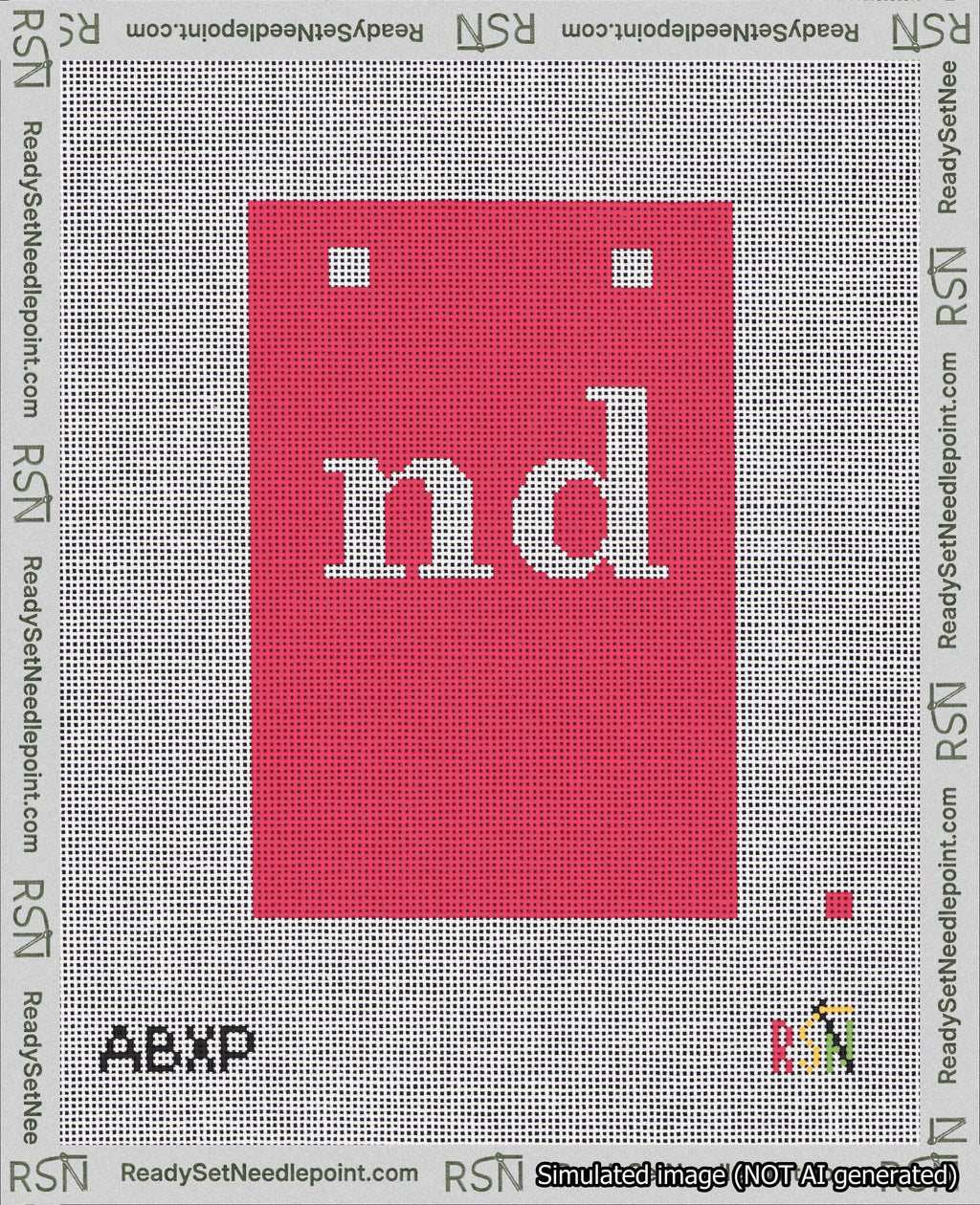 A taped needlepoint canvas with the design: Banner 18 mesh count Squared nd White on Red.